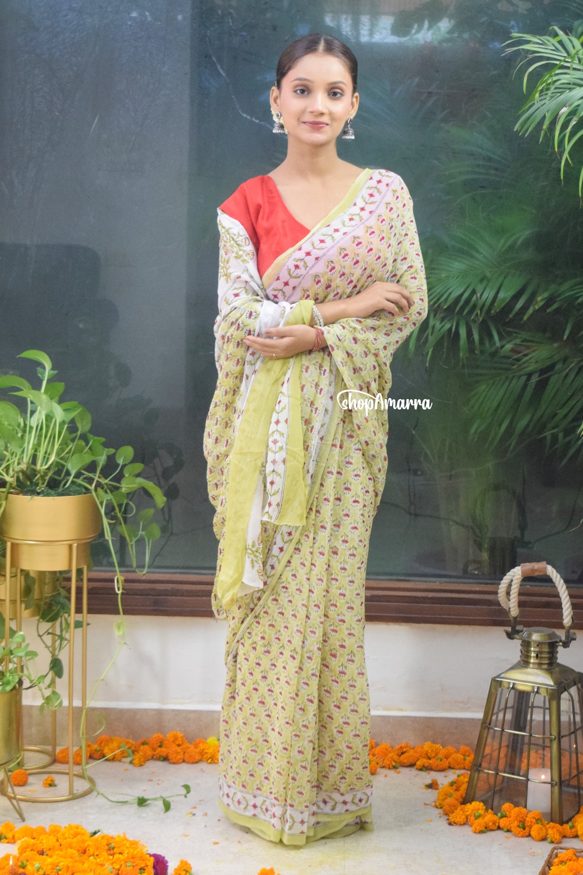 Pista Blossom Block Print Georgette Saree
