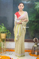 Load image into Gallery viewer, Pista Blossom Block Print Georgette Saree
