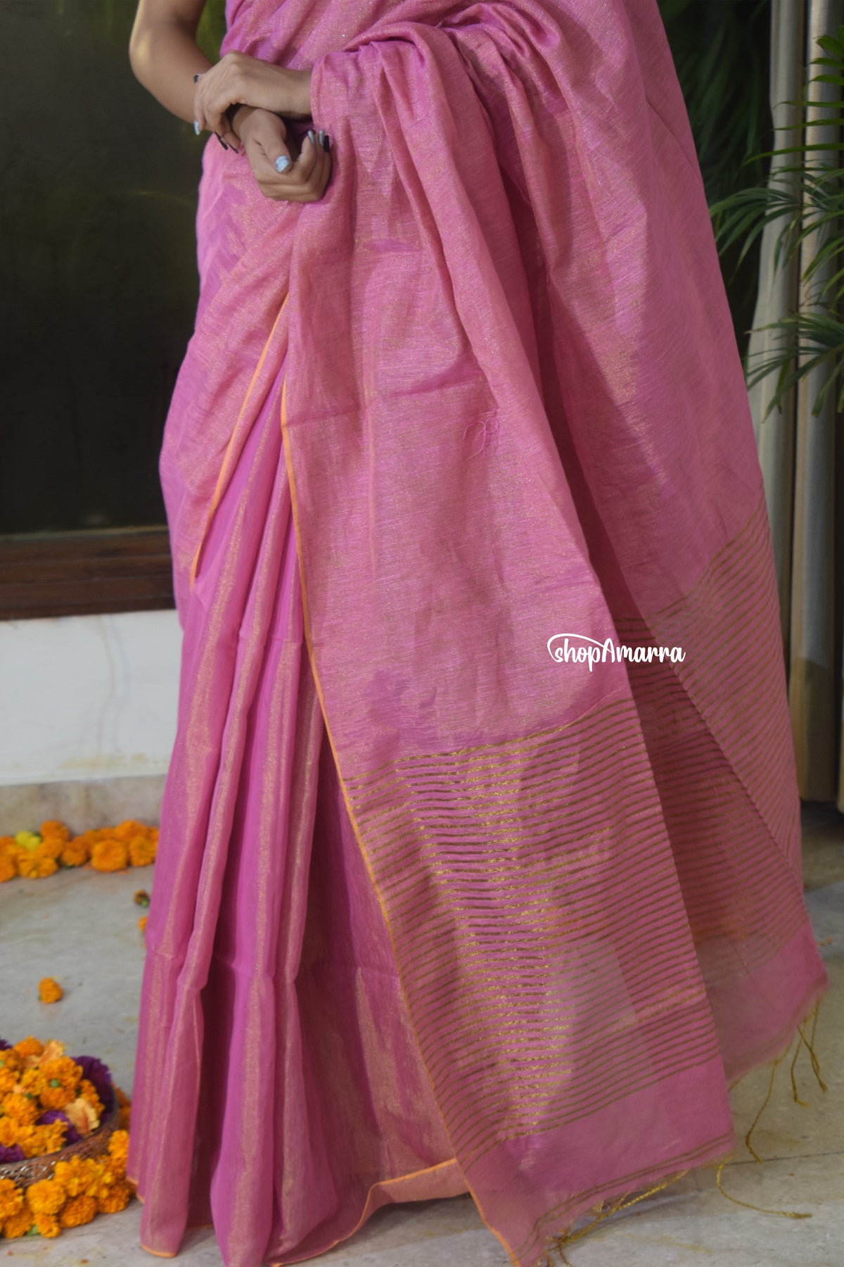 Whispering Pink Tissue Linen Saree