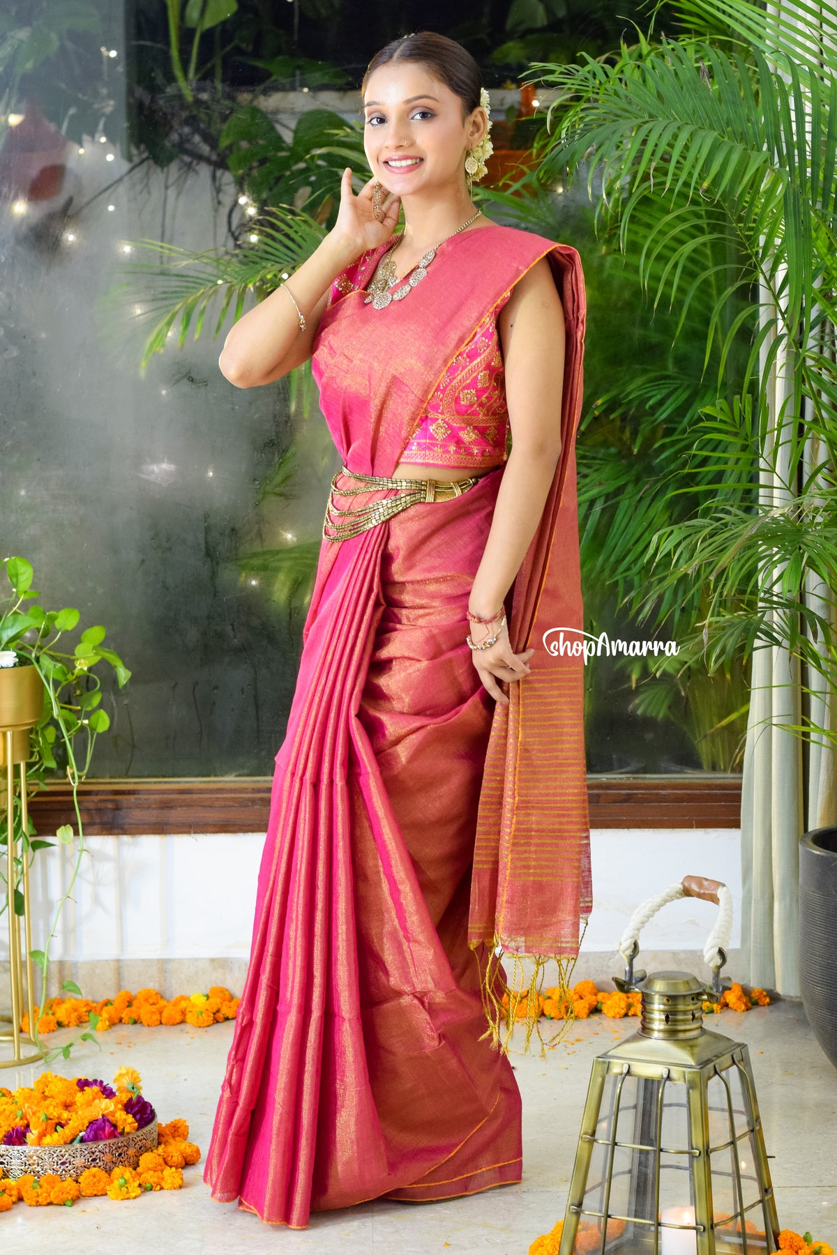 Gajari Glow Tissue Linen Saree