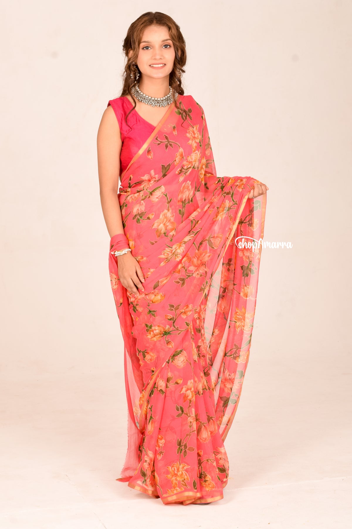 Peach Rose Chiffon Saree