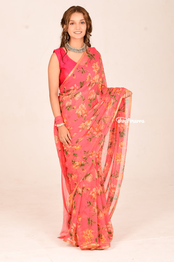 Peach Rose Chiffon Saree