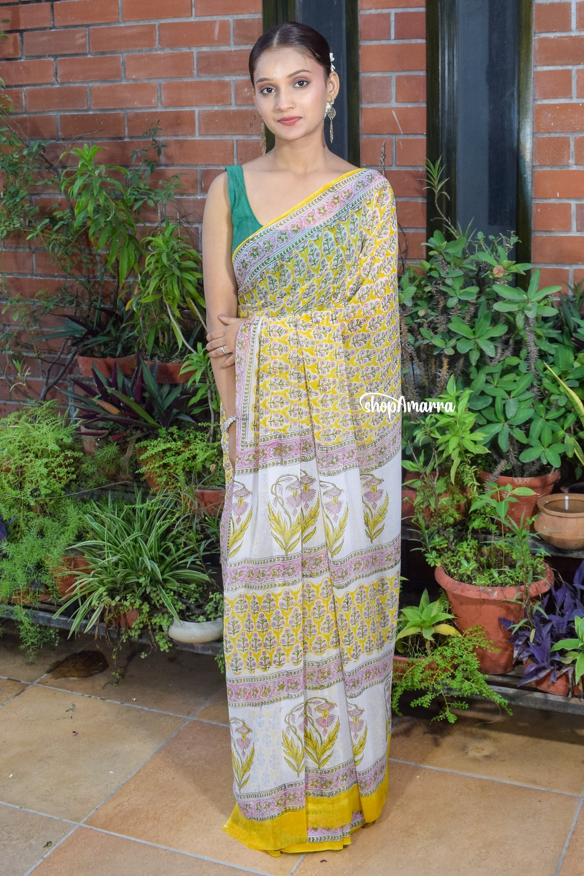 Marigold Floral Charm Block Print Georgette Saree