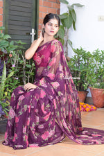 Load image into Gallery viewer, Wine Blossom Glow Chiffon Saree

