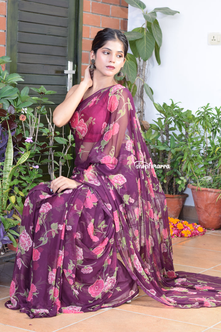Wine Blossom Glow Chiffon Saree