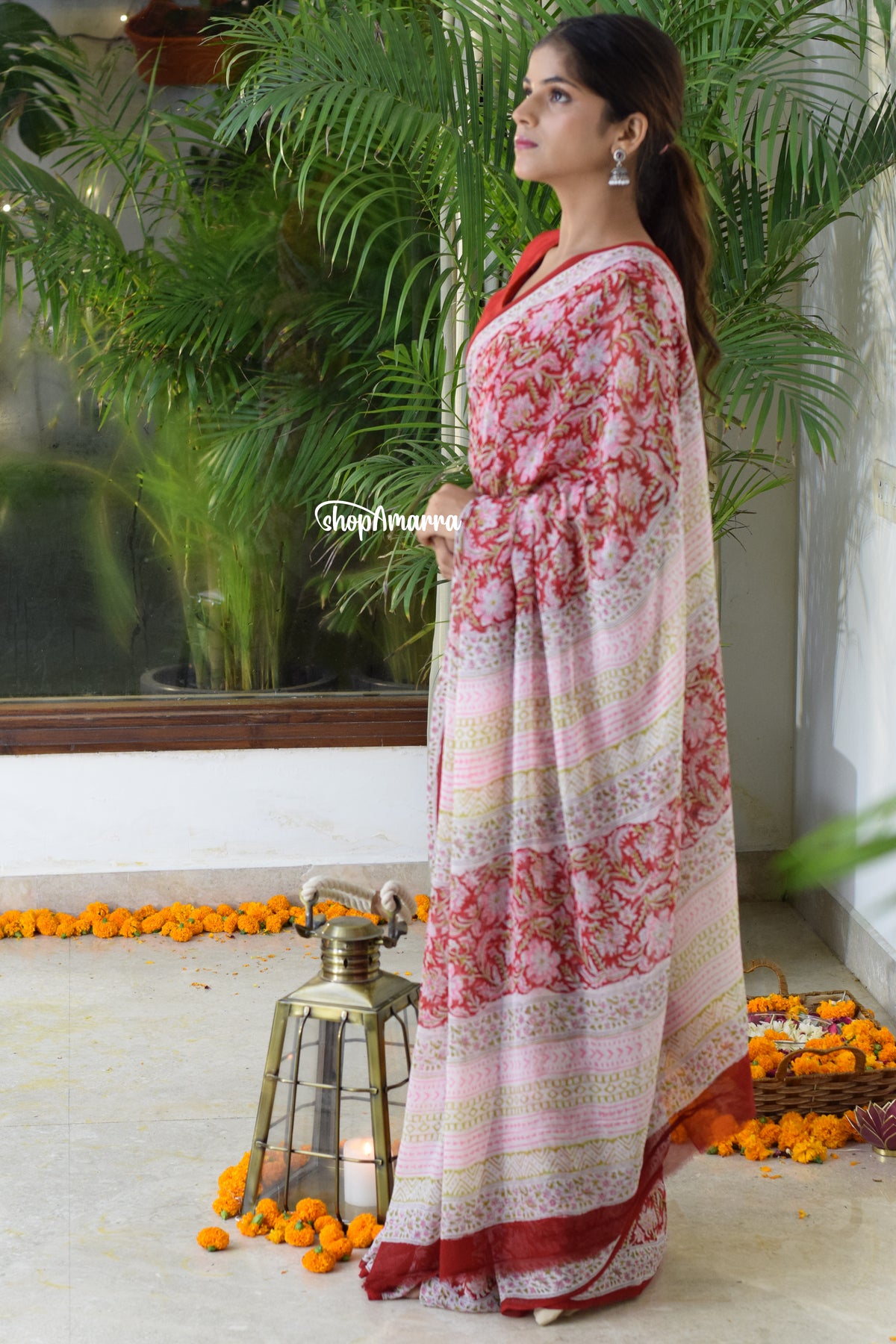 Ruby Radiance Block Print Georgette Saree