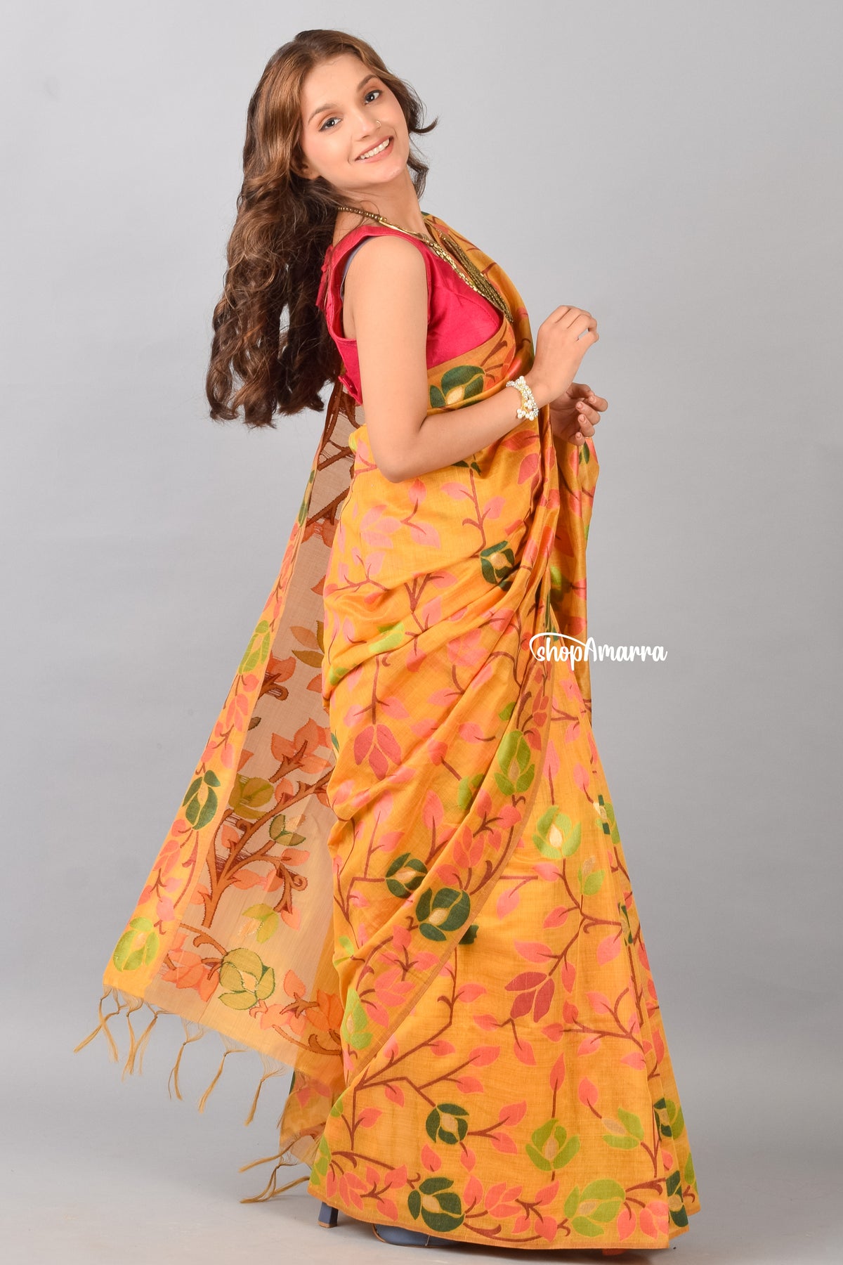 Amber Blossom Muga Silk Jamdani Saree