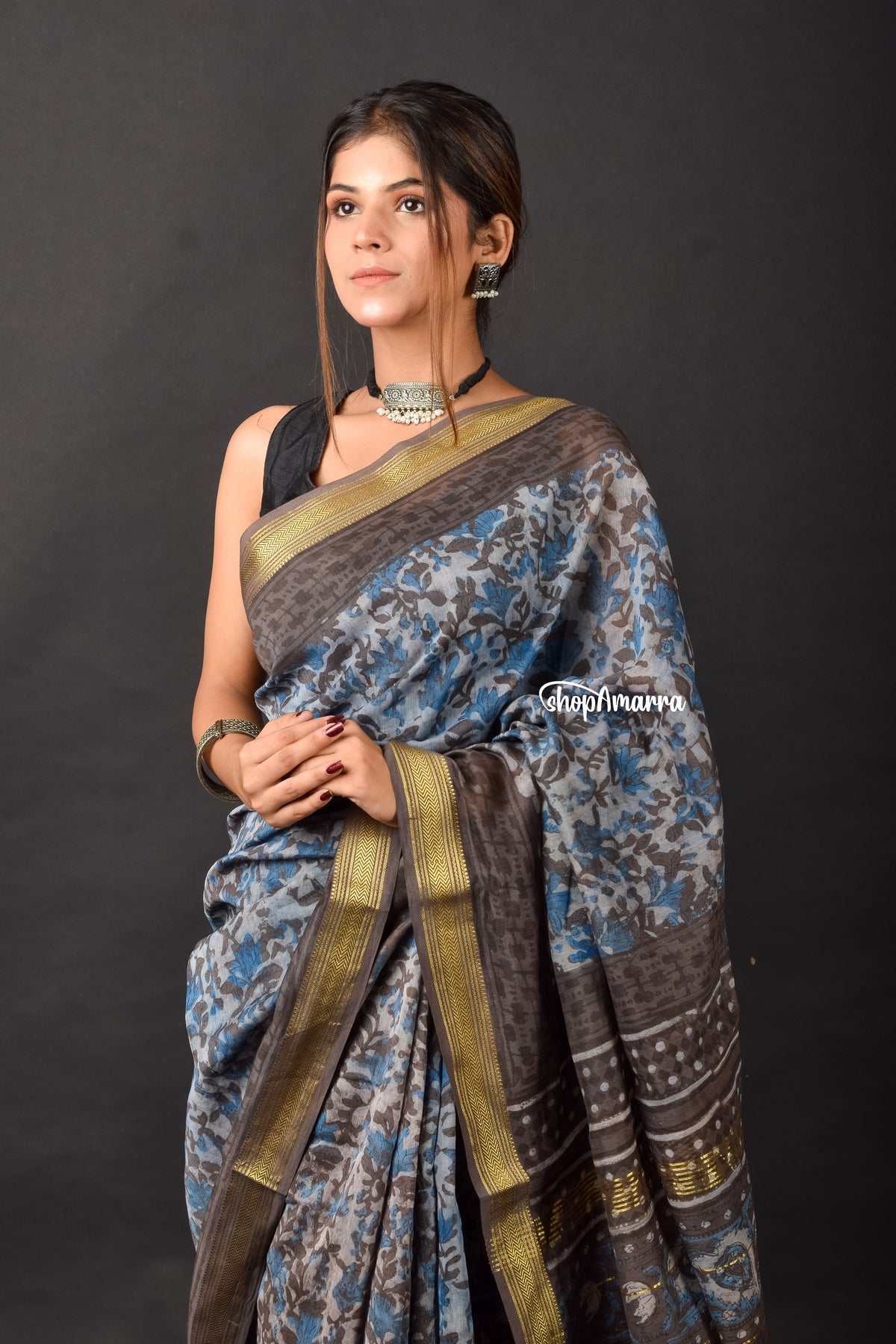 Coffee Blue Block Printed  Saree
