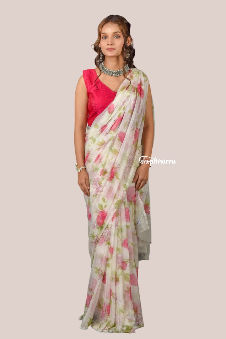 Rosebud Elegance  Chiffon Saree