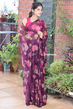 Load image into Gallery viewer, Wine Blossom Glow Chiffon Saree
