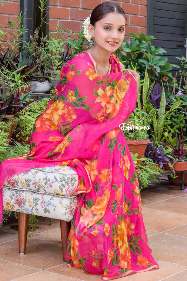 Fuchsia Garden Whisper Chiffon Saree