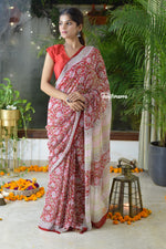Load image into Gallery viewer, Ruby Radiance Block Print Georgette Saree
