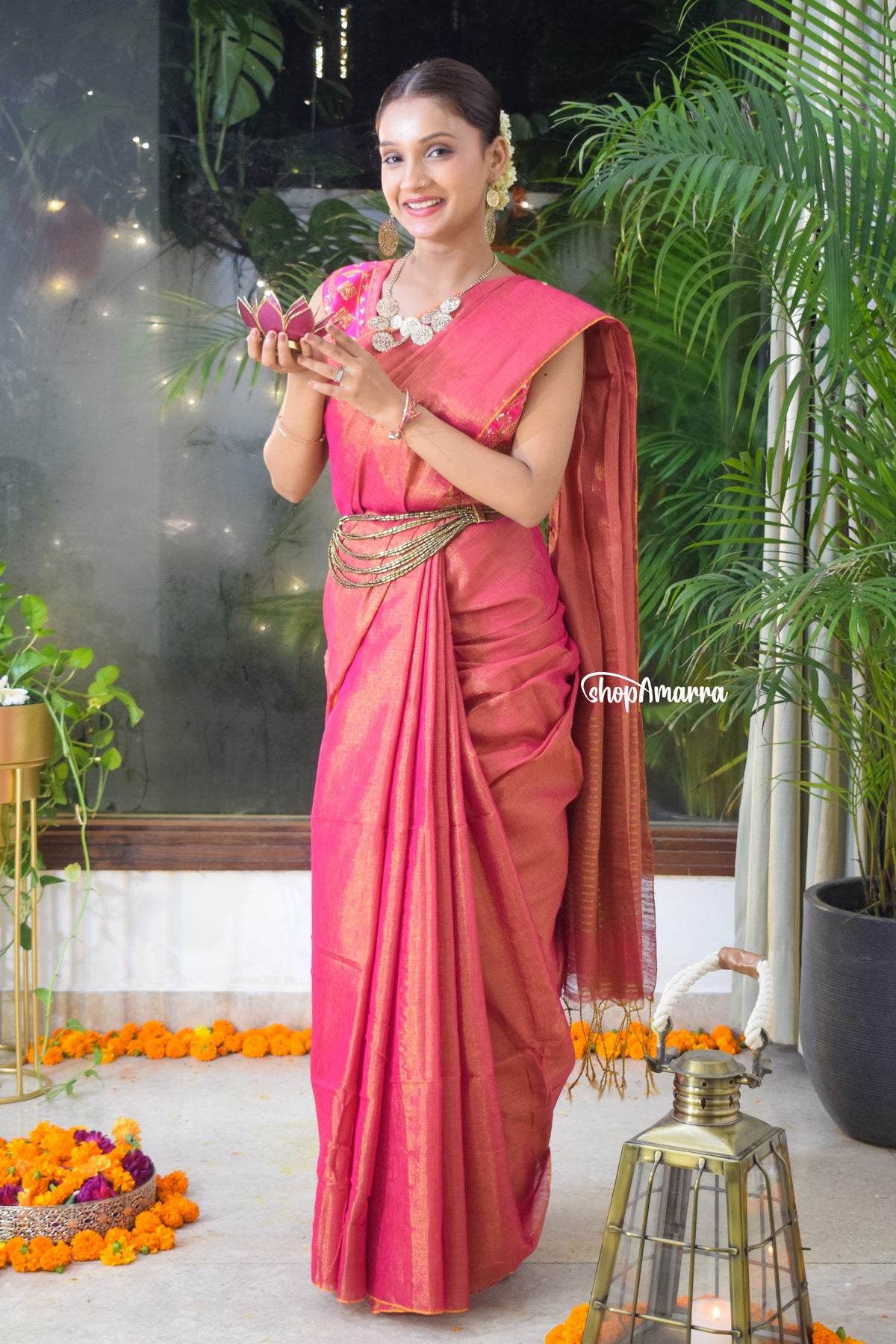 Gajari Glow Tissue Linen Saree