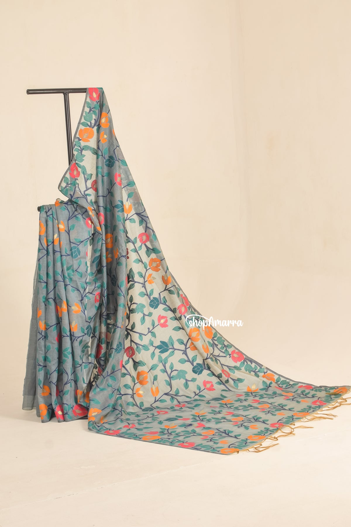 Blue Mist Muga Silk Jamdani Saree