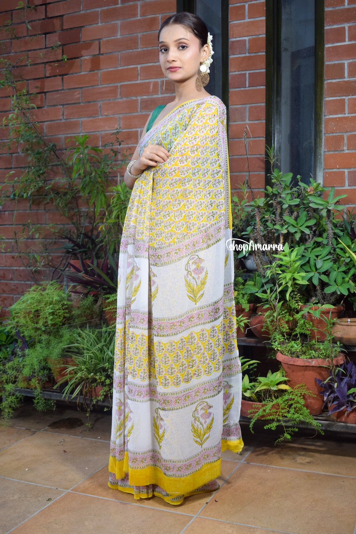 Marigold Floral Charm Block Print Georgette Saree