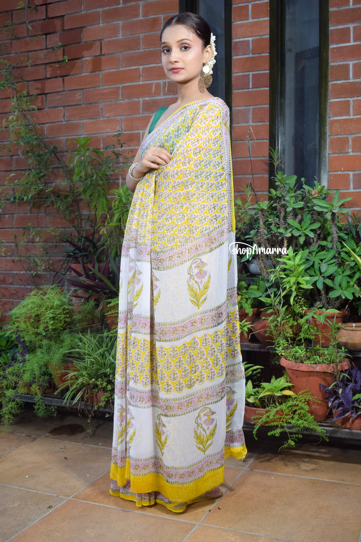 Marigold Floral Charm Block Print Georgette Saree
