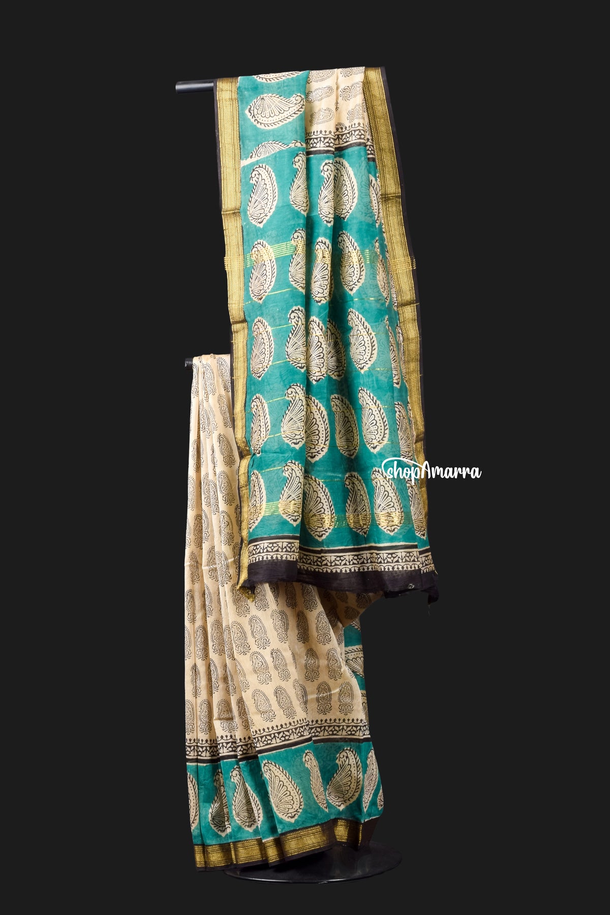 Earthy Green Motifs Block Printed  Saree