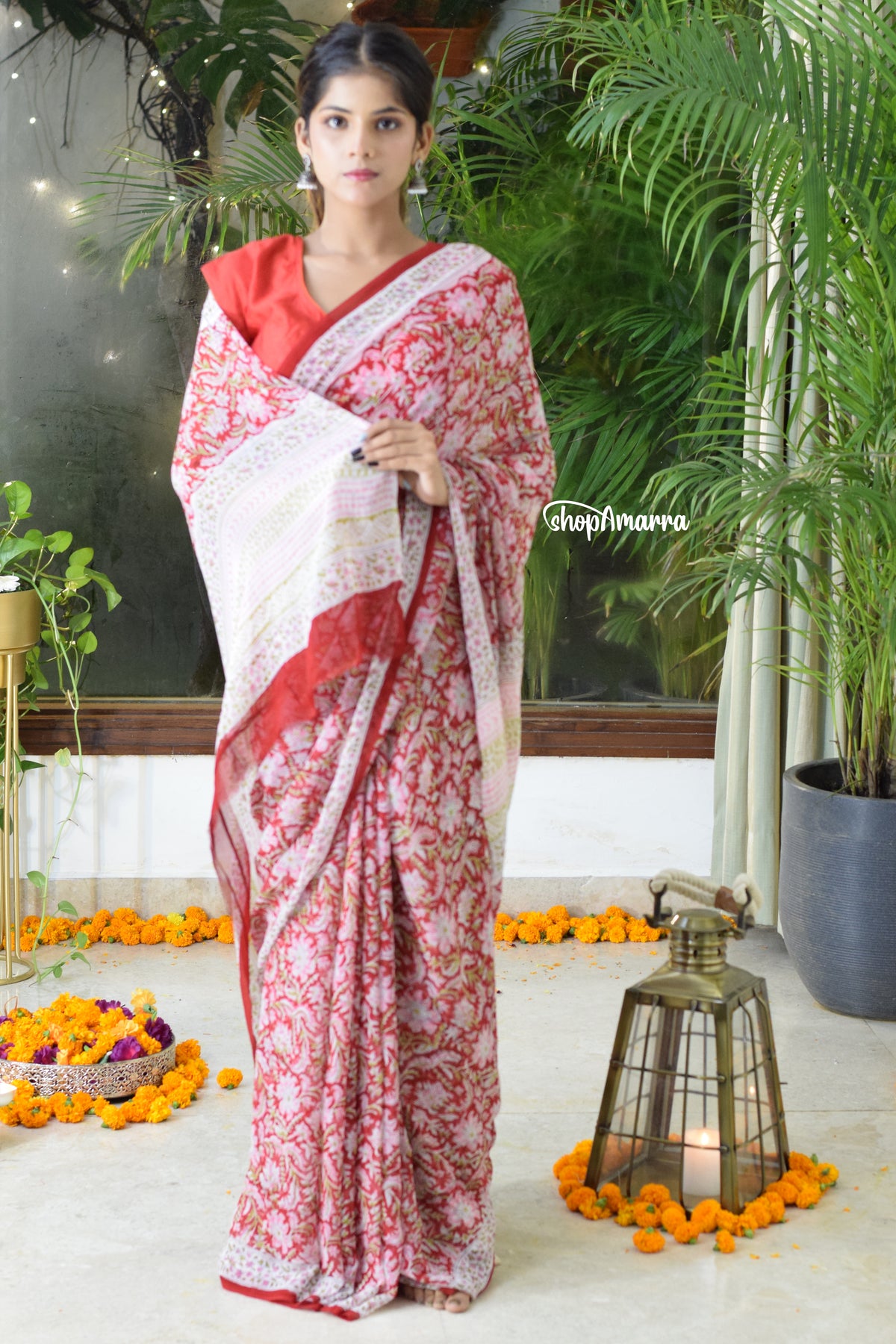 Ruby Radiance Block Print Georgette Saree
