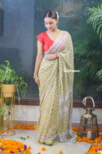 Load image into Gallery viewer, Pista Blossom Block Print Georgette Saree
