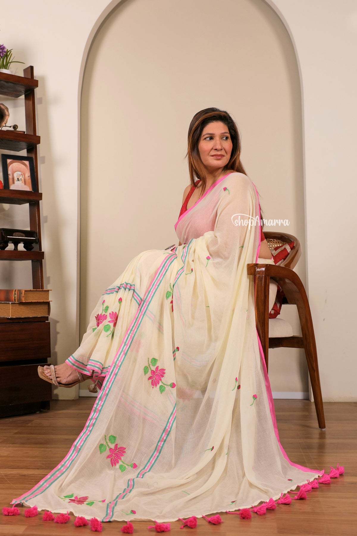 Ivory Lotus Mul Cotton Saree