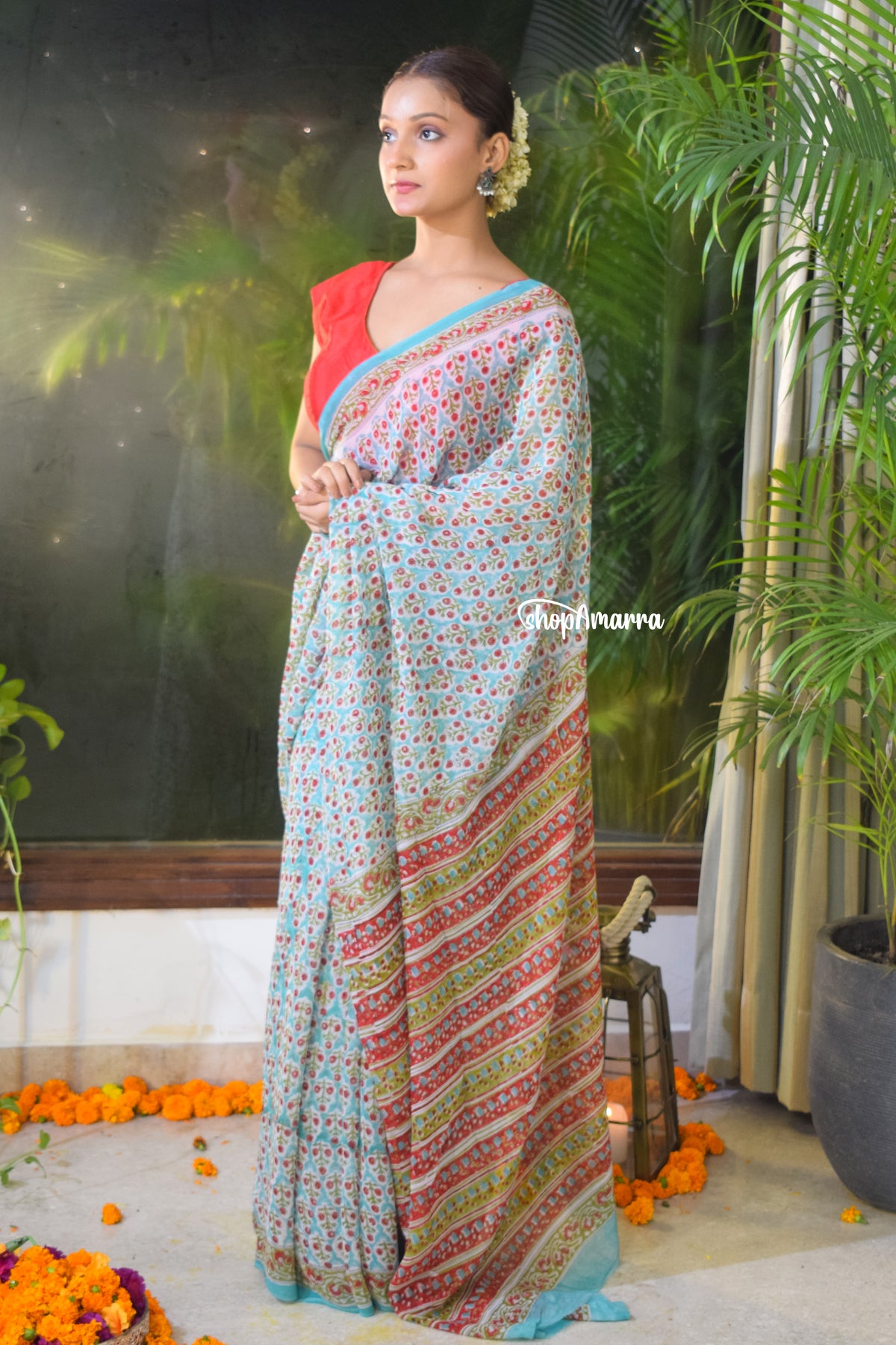 Maritime Blossom  Block Print Georgette Saree
