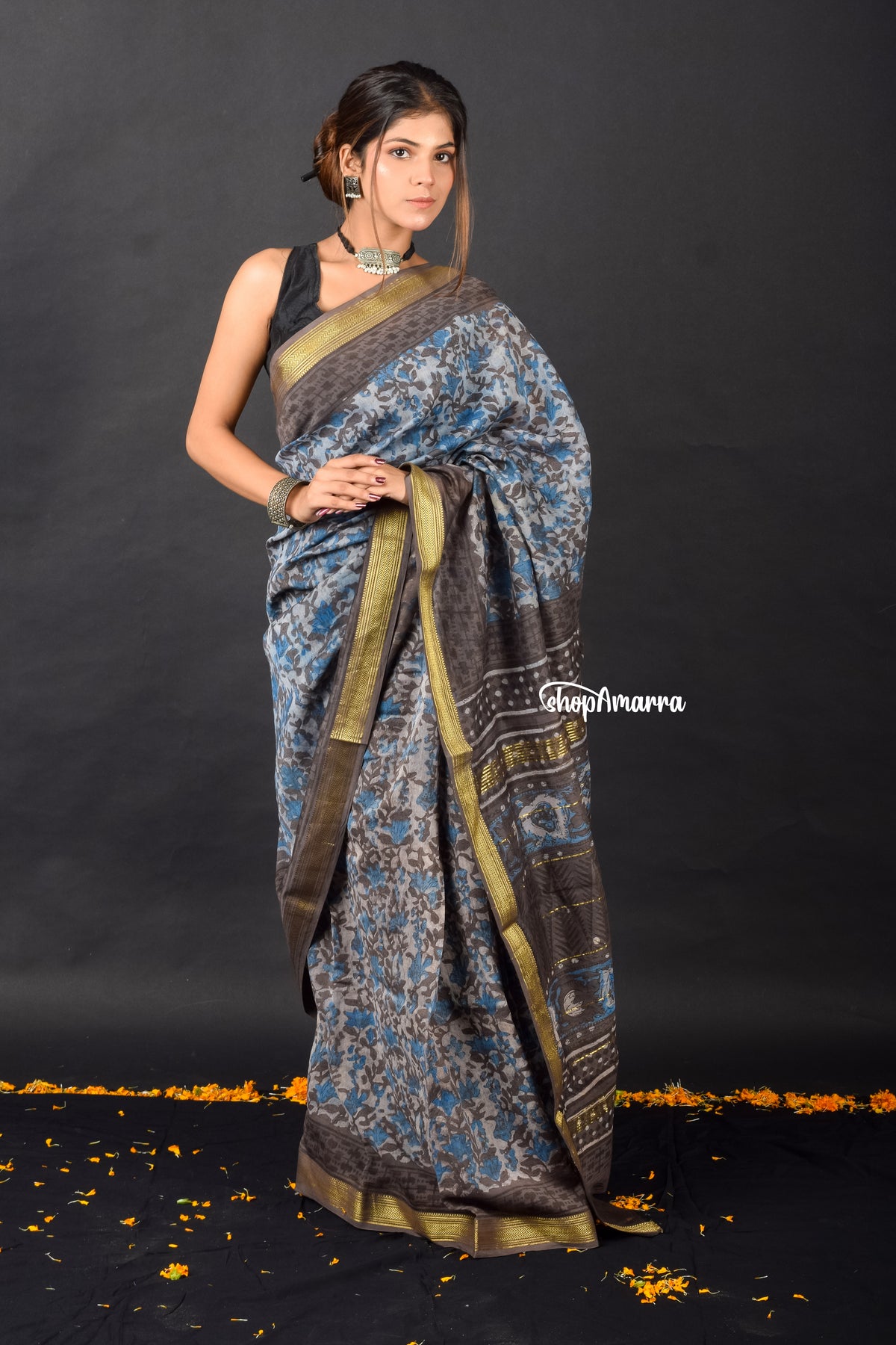 Coffee Blue Block Printed  Saree