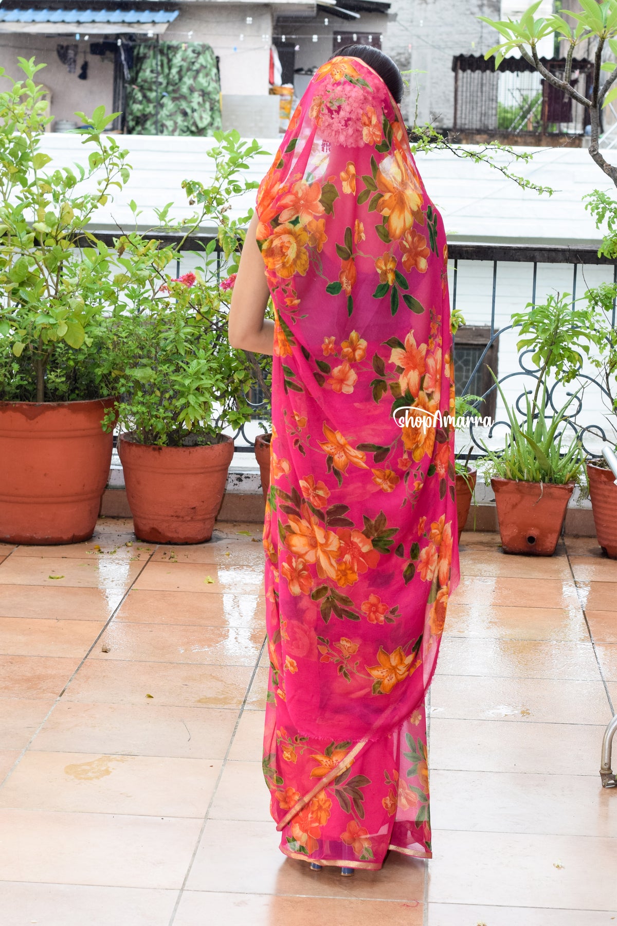 Fuchsia Garden Whisper Chiffon Saree