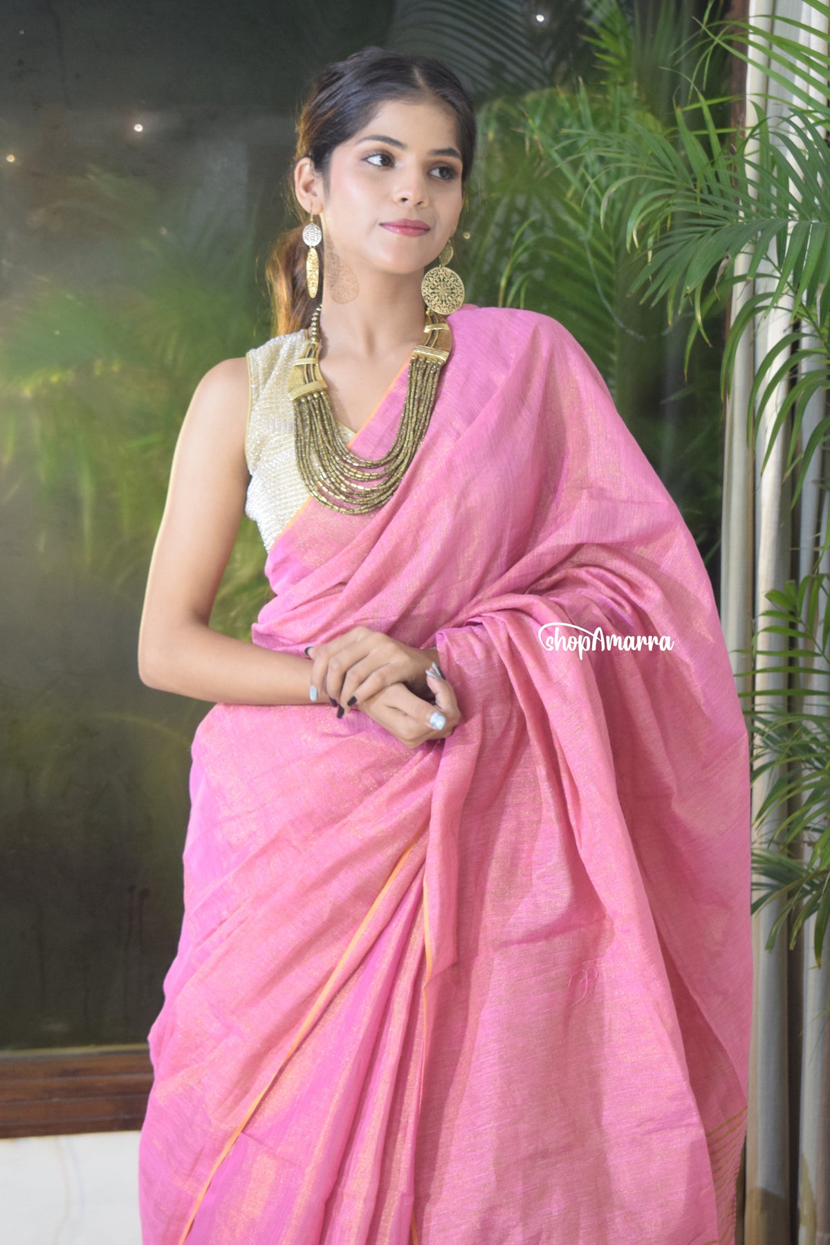 Whispering Pink Tissue Linen Saree