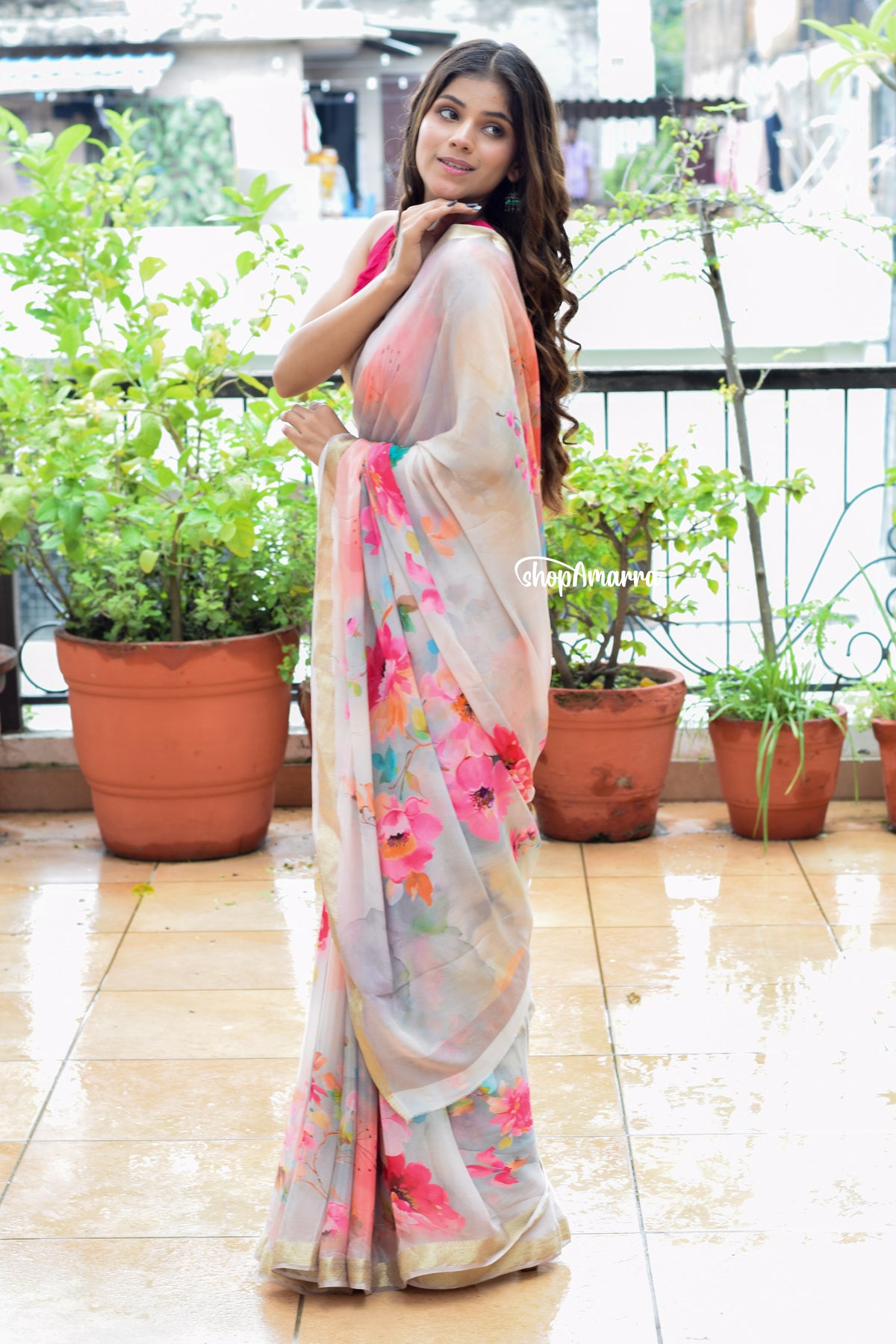 Floral Radiance Chinon Saree