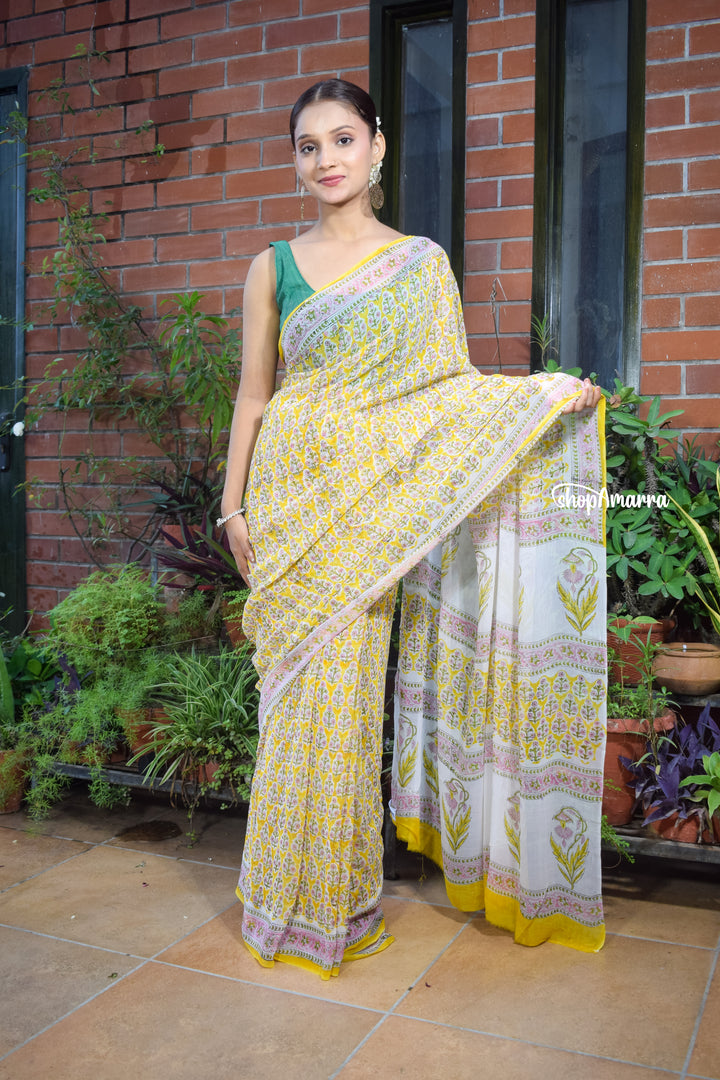 Marigold Floral Charm Block Print Georgette Saree
