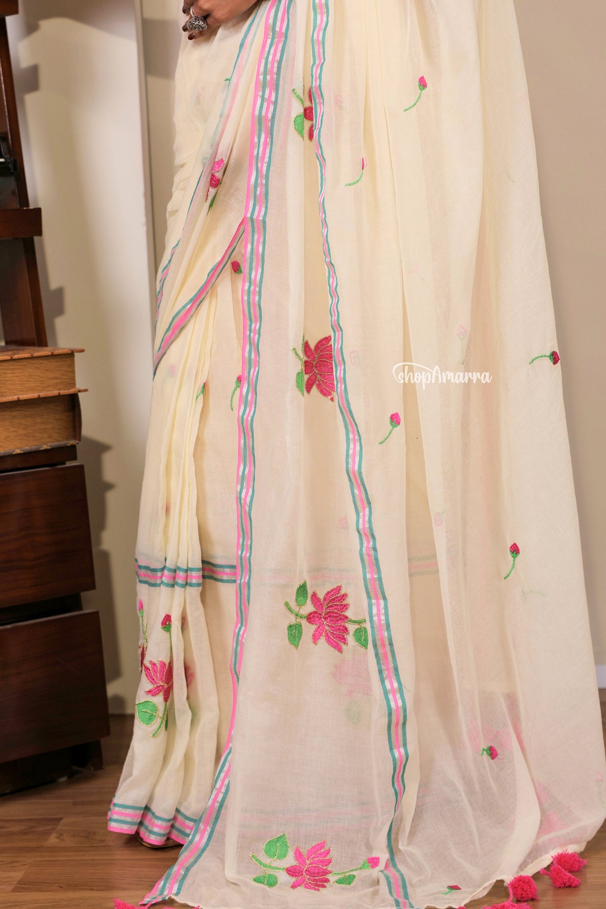 Ivory Lotus Mul Cotton Saree
