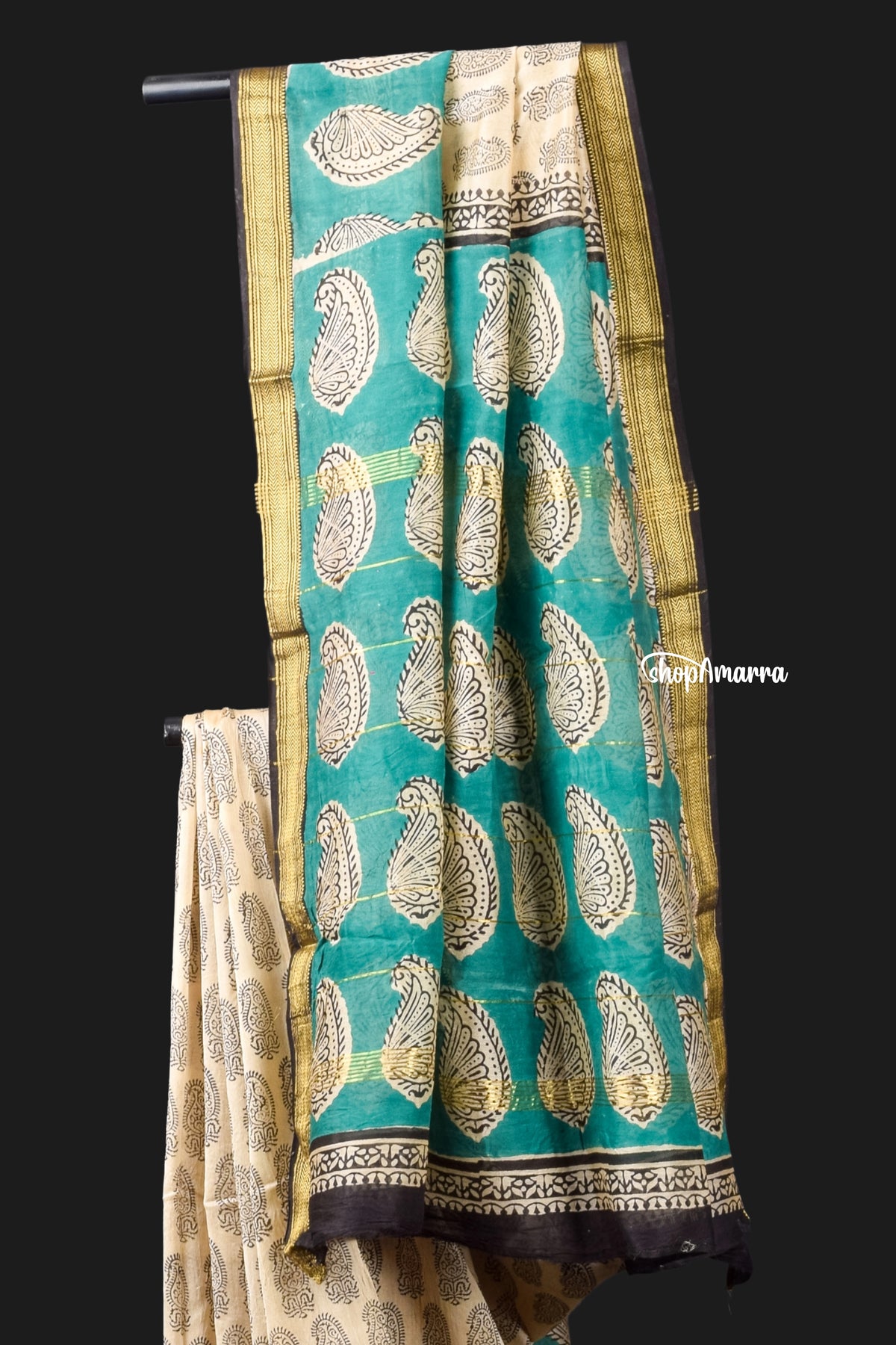 Earthy Green Motifs Block Printed  Saree