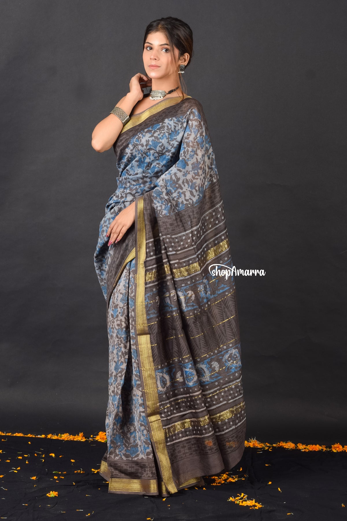 Coffee Blue Block Printed  Saree