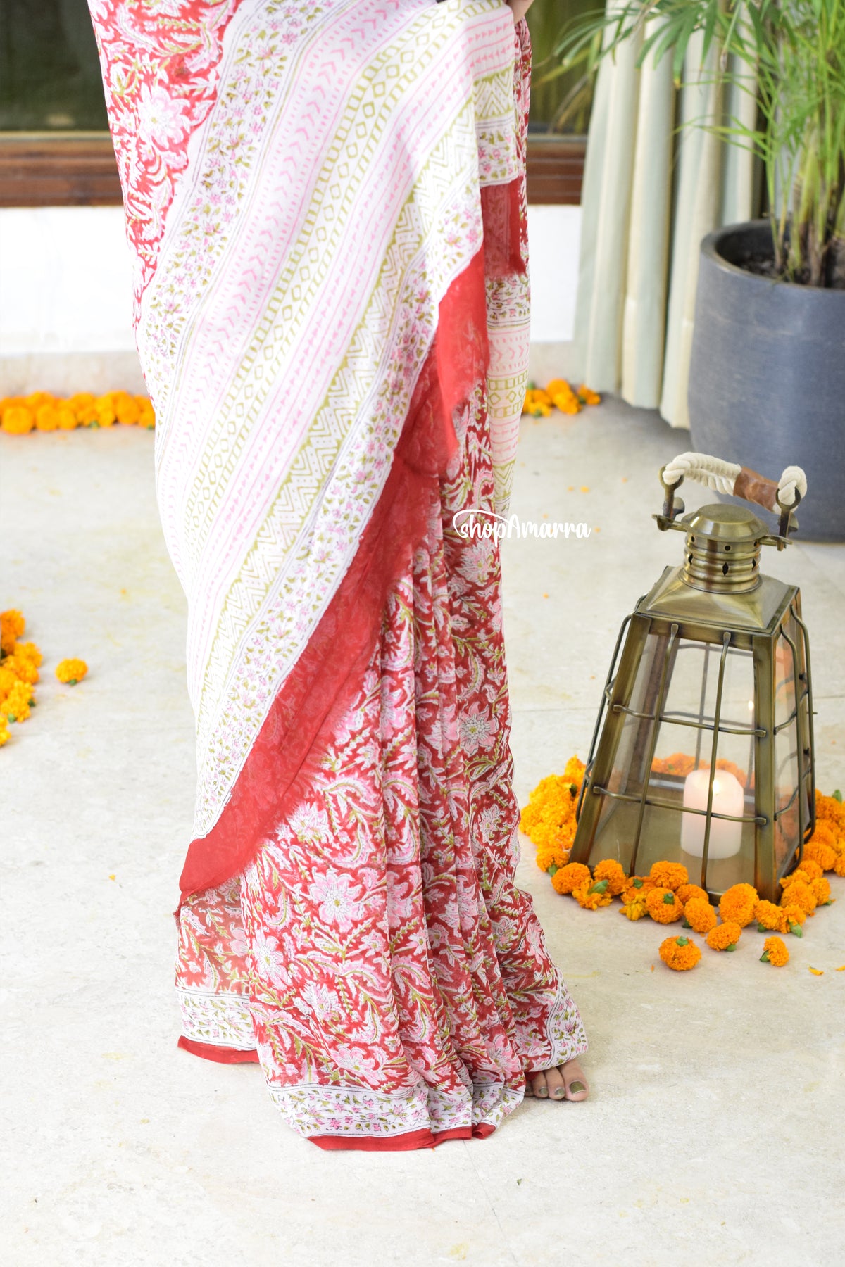 Ruby Radiance Block Print Georgette Saree