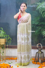 Load image into Gallery viewer, Pista Blossom Block Print Georgette Saree
