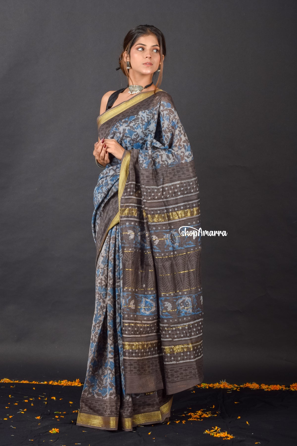 Coffee Blue Block Printed  Saree
