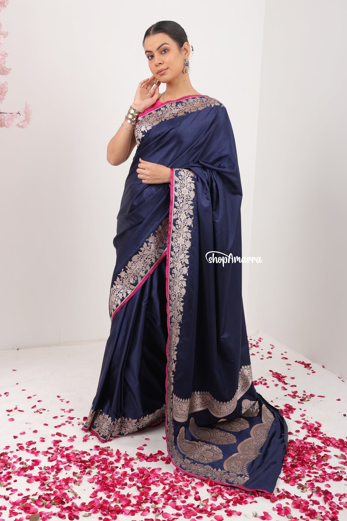 Neel Gulabi Banarasi Silk Saree